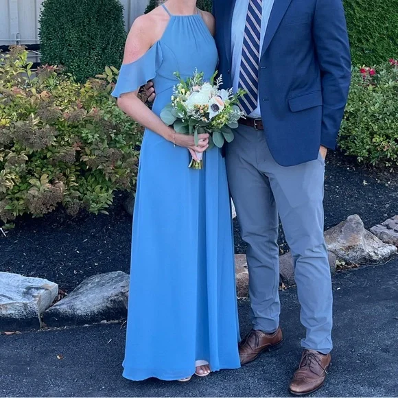 blue dress for baby girl Zapaka Women Grey Blue Bridesmaid Dress with Slit A Line Chiffon Long Wedding Guest Dress with Puff Sleeves, Grey Blue / US2 main image 0